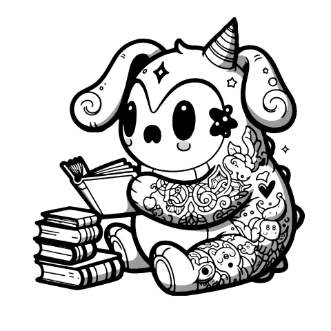 An unknown creature with tattoos and a horn reading books