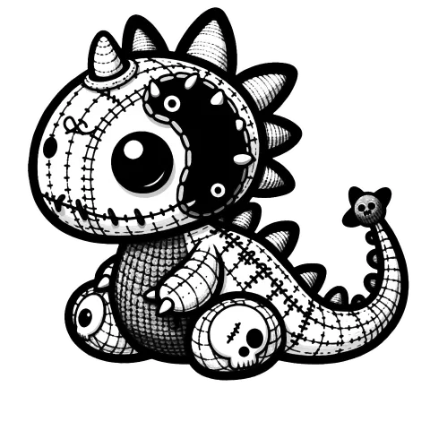 Coloring page of an amigurumi dinosaur with skulls on it's feet, horns and a patch on the side of it's face.