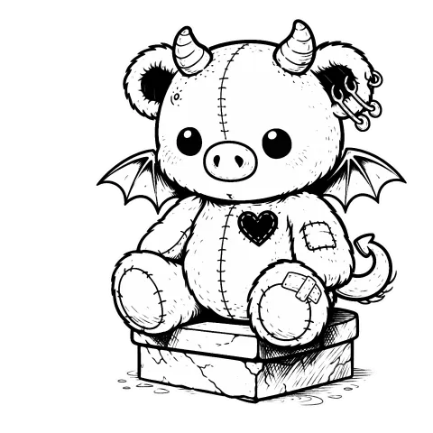 A simple illustration of a stuffed teddy bear gargoyle, beargoyle, sitting on a stone slab. He has a heart tattoo, a patched arm and a bandaged foot, wings, horns and a devil tail. He also has a pig nose.