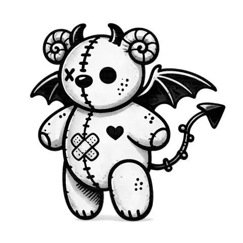 Colorable illustration of a teddy bear with large stitching, horns, curly ears, wings and a devil tail. It has an x an o for eyes, a heart tattoo and bandages on it's tummy.