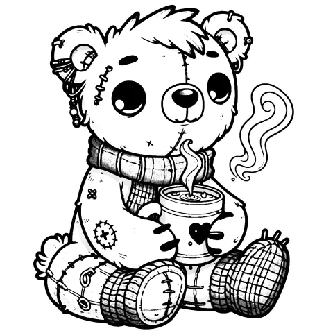 Teddybear in a scarf and warm socks holding a hot beverage