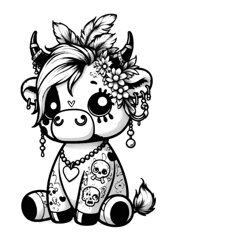 Darkling cow with skull tattoos, flowers and feathers in her hair.