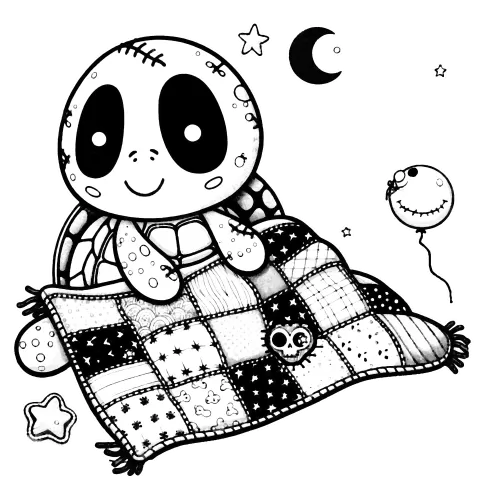 Black and white illustration of a turtle with deep set, tired looking eyes holding a patchwork quilt. He has a little scar on his head and there is a goofy smily face balloon hovering on the ground nearby.