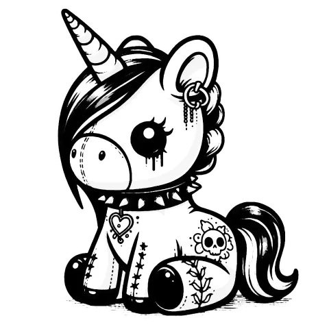 Tattooed Unicorn #1645 is a gargoyle stuffed pony illustration to color with a choked color, emo hair and tattoos.