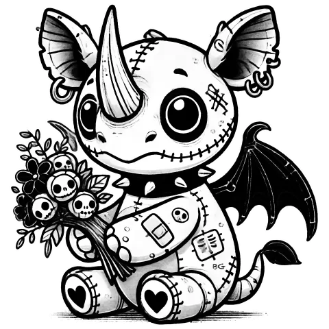Rhino Gargoyle holding a bouquet of flowers that have little skulls on them and he has some bandages and little heart tattoos on his feet.