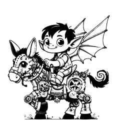 Boyish Gargoyle riding a steampunk donkey