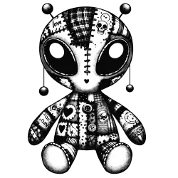Patchwork alien with antennae and earrings. It has a "love" tattoo.