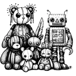 A family of toys that include a robot and various whimsical stuffed animals.