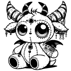 A Cute gargoyle with big eyes, an arm tattooed sleeve, and striped horns.