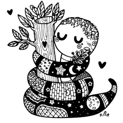 Patchwork snake hugging a tiny tree