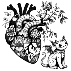 Flowery, patchwork heart and gargoyle creature