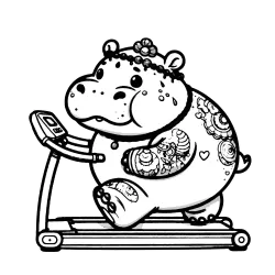 Tattooed hippo running on a treadmill