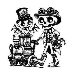 Steam punk skellie and weird gargoyle baby riding on a toy train stroller