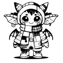 Gargoyle snow elf in a scarf and hat that covers their horns