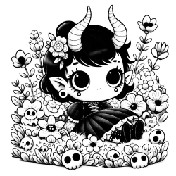 Girl Gargoyle in a field of flowers and skulls #1203
