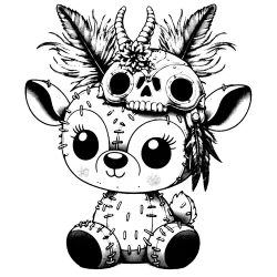 LIttle stitched deer with a hat made from skulls and feathers. The skull hat has horns on it.