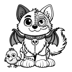 Stitched dog with wings and a skull dog tag and his bird homie.