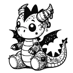 Decorated baby dragon with horns, wings and a tail, and jewelry around their horns.