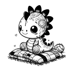 Baby spiky dinosaur sitting on a quilt with a little smile on their face.