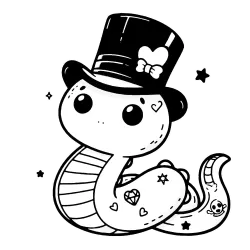 Little decorated snake in a top hat with a bow on it