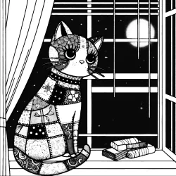 Patchwork cat looking out of a window at night, art page