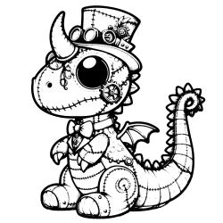 Stitched dapper dino with a top hat, goggles, a horn on his head, a full piece suit and a bow tie