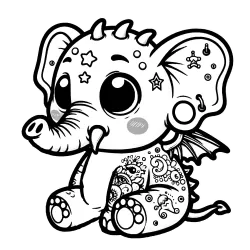 Little elephant with tattoos, stars on it's face and spiky horns on it's head.