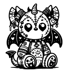 A gargoyle with happy faces on it's feet, big decorated ears, and horns with leather straps. Their wings are covered in hearts and they are wearing a spiked collar.