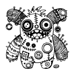 Crazy-looking gremlin covered in holes and buttons.