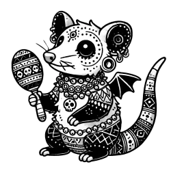 Decorated rat with gargoyle wings, a maraca and a skull necklace. 