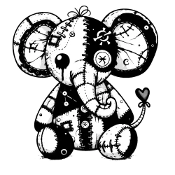 Patchwork elephant with stitches and buttons and a heart tail. 