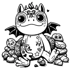 Beargoyle Frog #0208 with little wings around it's throat, tattoos and strange rock friends