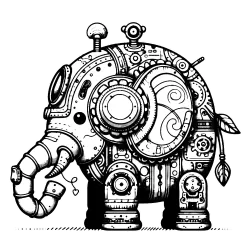 A mechanical elephant with a little camera on top and a leaf tale