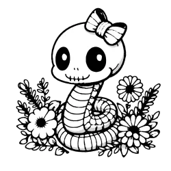 A skellie snake with a little bow on her head in a patch of flowers.