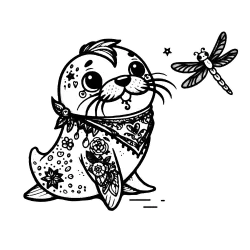 A tattoed walrus with a bandana looking at it's cute dragon fly friend.