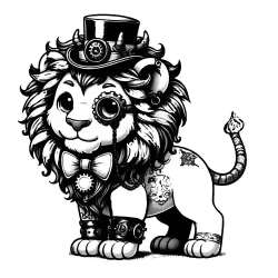 Lion with a Top hat, a gear monocle over his eye, and spiky bracelets. He's smiling.