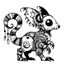 A masked rat with large pierced ears and a striped tail. It has five legs and ornaments hanging from it.
