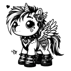 A flying unicorn pony with spiky choker necklace, little heart tattoo under her eye. a rose in her ear, and strappy shoes. She also has a fancy heart tattoo on her back.