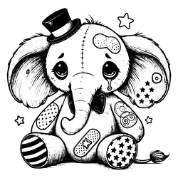 A coloring book page of a sad elephant clown with some bandaids, one of which is shaped like a peanut. It has a top hat and star tattoos.