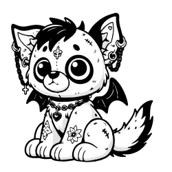 Patched up dog with chains and piercings, tattoos and a heart tag.