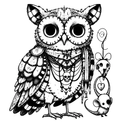 Bohemian owl with a skull necklace and a mouse friend holding up a little decorated skull.