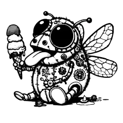 Mechanical fly holding a poop ice cream cone