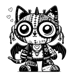Metallic cat gargoyle unicorn with cool shoes and headphones, a skull necklace and hearts.