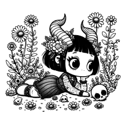 Girlish gargoyle in a field of flowers and skulls #1306