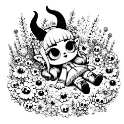 Girlish gargoyle in a field of flowers and skulls #0014