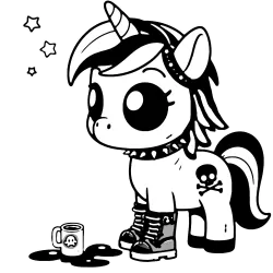 Beargoyle pony with spilled coffee and a little skull and cross bones tattoo, spiked collar, and combat boots.