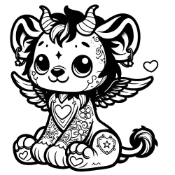Lion gargoyle with horns, angel wings and tattoos all over including a heart.