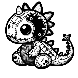 Coloring page of an amigurumi dinosaur with skulls on it's feet, horns and a patch on the side of it's face.
