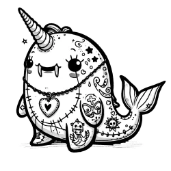 Tattooed Narwhal or whale-type creature with a horn and large tail... and feet.