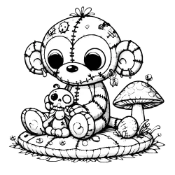Stitched sock monkey holding it's toy skeleton sock monkey.